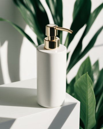 AI Generated. Gold pump on white lotion bottle with leafy backgroundの素材