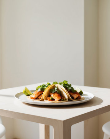 AI Generated. Plate of Tasty Fish Tacos on Dining Surfaceの素材
