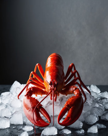 AI Generated. Striking red lobster displayed on crushed ice with dark background for seafood promotionsの素材