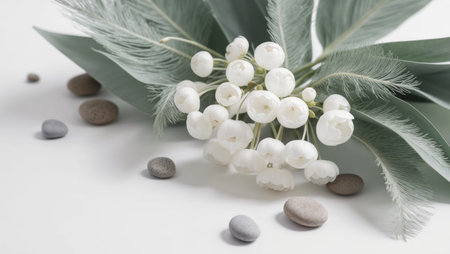 AI Generated. White flowers with green leaves and small rocksの素材