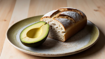 AI Generated. Bread with avocado halved on wooden platterの素材