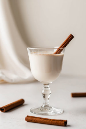 AI Generated. White highlights on an eggnog glass with a cinnamon stickの素材