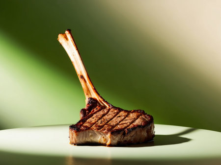 AI Generated. Grilled steak with bone on green backgroundの素材
