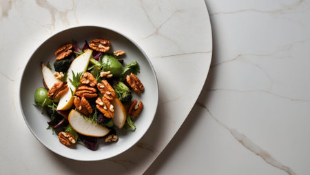AI Generated. healthy roasted vegetable and pear salad with walnuts on a clean marble surfaceの素材