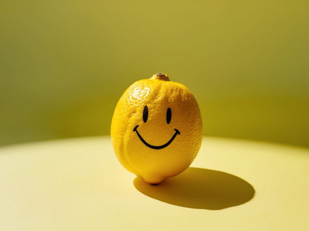 AI Generated. Lemon with a smiley face on yellow backgroundの素材