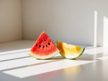 AI Generated. The one slice of red and one slice of yellow watermelonの素材
