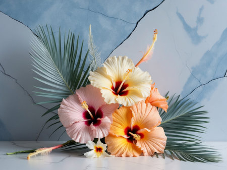 AI Generated. Tropical Hibiscus Flowers and Palm Leaves on Blue Cracked Marble Backgroundの素材