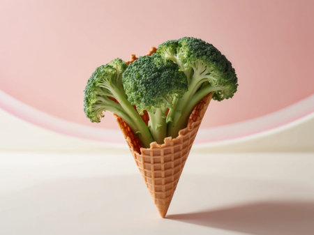AI Generated. Broccoli bouquet in waffle cone on pink backgroundの素材