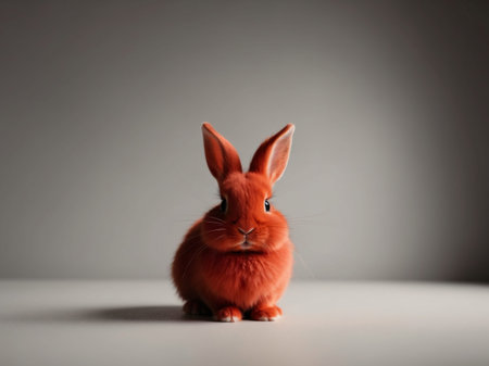 AI Generated. cute bright red fluffy rabbit on a gray backgroundの素材