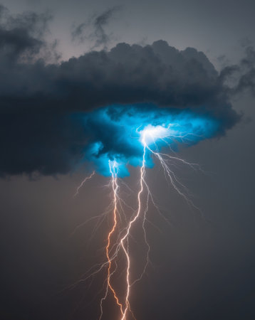 AI Generated. Dramatic Thunderstorm with Colorful Clouds and Lightningの素材