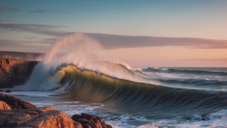 AI Generated. Dramatic Sunset Wave Crashing on the Coastの素材