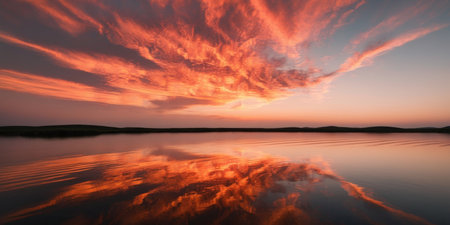 AI Generated. Fiery sky at dawn over a tranquil bay reflections in calm watersの素材