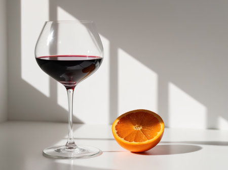 AI Generated. A glass of red wine next to an orange sliceの素材