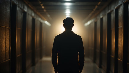 AI Generated. Silhouette of a man standing in the middle of a dark corridor with a light beam coming out of itの素材