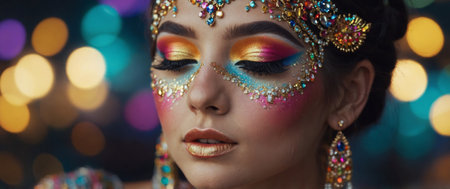 AI Generated. The face of a person with bright and colorful makeup including glitter, gems, and fake eyelashesの素材