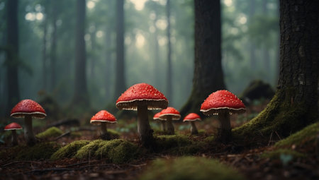 AI Generated. Threatening Poisonous Mushrooms Illuminating a Haunting Enchanted Forest on a Hitech Backgroundの素材