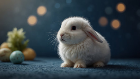 AI Generated. White baby rabbit on blue background, Easter holiday concept with space for copyの素材