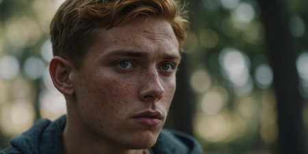 AI Generated. Young man with freckles and intense eyes staring aheadの素材