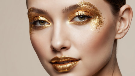 AI Generated. Dramatic golden glitter makeup on a female faceの素材