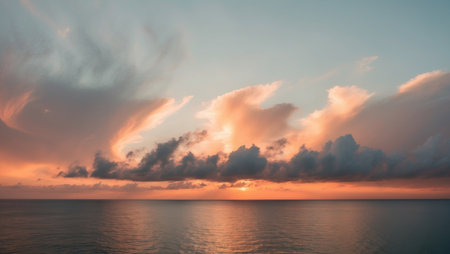 AI Generated. Majestic Sunset Over Ocean with Dramatic Cloudsの素材