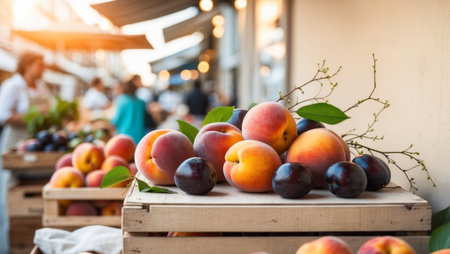 AI Generated. Organic Peaches and Damson Plums Showcased at a Local Street Marketの素材