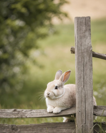 AI Generated. Peaceful Bunny Resting by a Rustic Wooden Fence in Serene Countryside Settingの素材