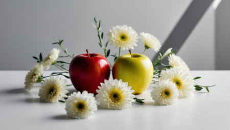 AI Generated. Red and Yellow Apples with White Flowersの素材