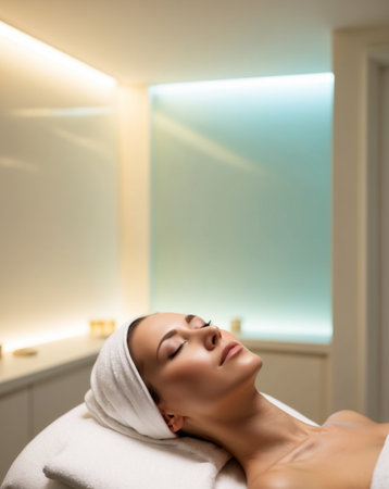 AI Generated. Relaxing Facial Treatment with Spa Lights Backgroundの素材