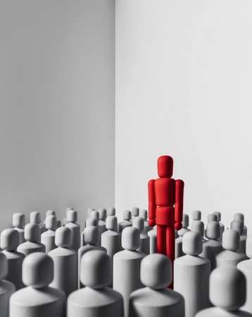 AI Generated. Red Wooden Figure Standing Out From The Crowdの素材