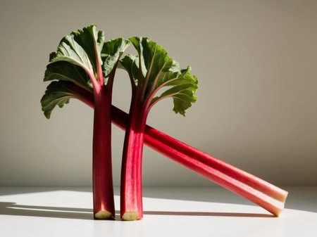AI Generated. Ripe stalks of rhubarb on a light backgroundの素材