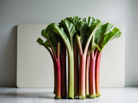 AI Generated. Rhubarb stalks are cut into white boardsの素材