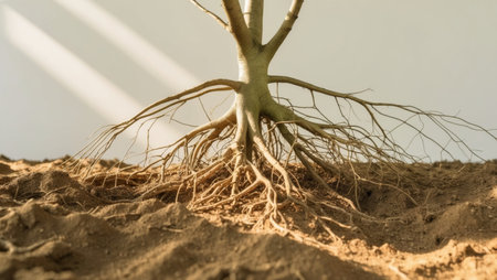 AI Generated. Roots of a Young Tree Growing in Healthy Soilの素材