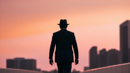 AI Generated. Silhouette of a Man Walking Towards a City Sunsetの素材