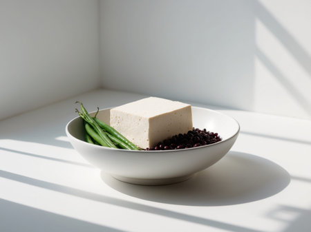 AI Generated. Tofu in a bowl with beans and soy on a light backgroundの素材