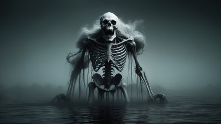 AI Generated. Towering Skeletal Behemoth Emerging from Foreboding Swamp in Spectral Mist Evoking Primordial Dreadの素材