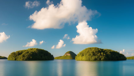 AI Generated. Tranquil Lagoon with Lush Green Islands and Blue Sky with Cloudsの素材