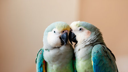AI Generated. Two Parrots Cuddle in a Soft Blur of Lightの素材