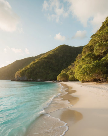 AI Generated. Tranquil Tropical Beach Cove with Crystal Clear Water and Lush Green Hillsの素材