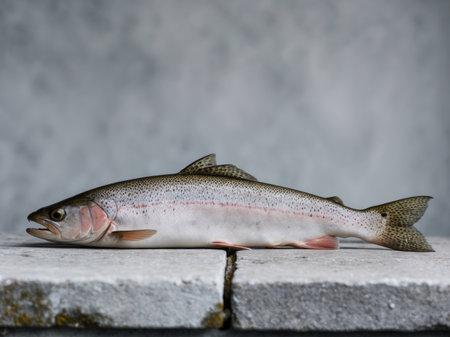 AI Generated. Uncooked trouts on grey surface prepared for cookingの素材