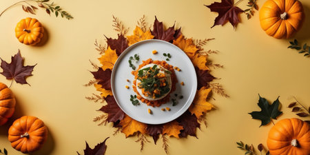 AI Generated. An image of a plate of food on a yellow background with pumpkins and autumn leaves surrounding itの素材