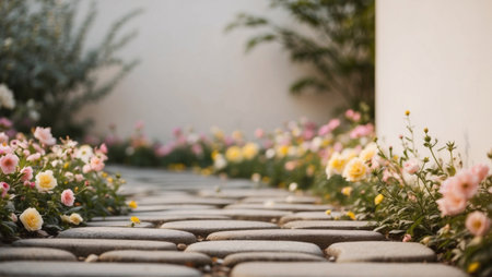 AI Generated. Charming Cobblestone Pathway Surrounded by Bloomsの素材