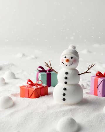 AI Generated. Cheerful Snowman Holiday with Gifts in Snowy Landscapeの素材