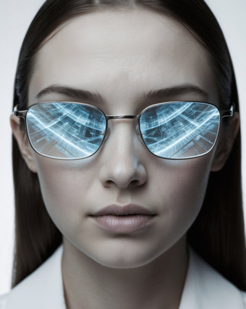 AI Generated. Close Up of a Person Wearing Glasses Reflecting Dataの素材