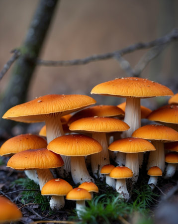 AI Generated. Cluster of Orange Mushrooms on a Forest Floorの素材