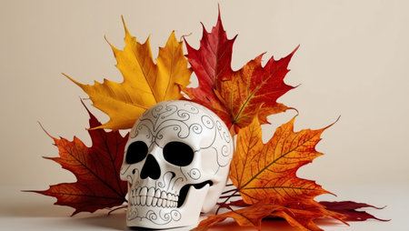 AI Generated. colorful autumn leaves with decorative skullの素材