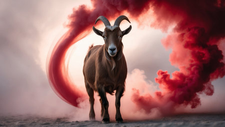 AI Generated. Majestic goat in dramatic red smoke illuminated by soft lightの素材