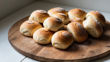 AI Generated. Freshly Baked Bread Rolls on Wooden Boardの素材