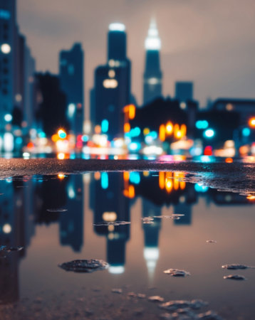 AI Generated. Night City Lights Reflecting in a Puddleの素材