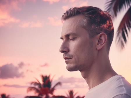 AI Generated. Dreamy double exposure of a man s profile blended with a tropical sunset for a reflective atmosphereの素材