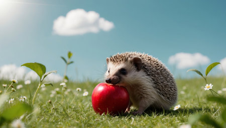 AI Generated. A hedgehog snacking on an apple in a green meadowの素材
